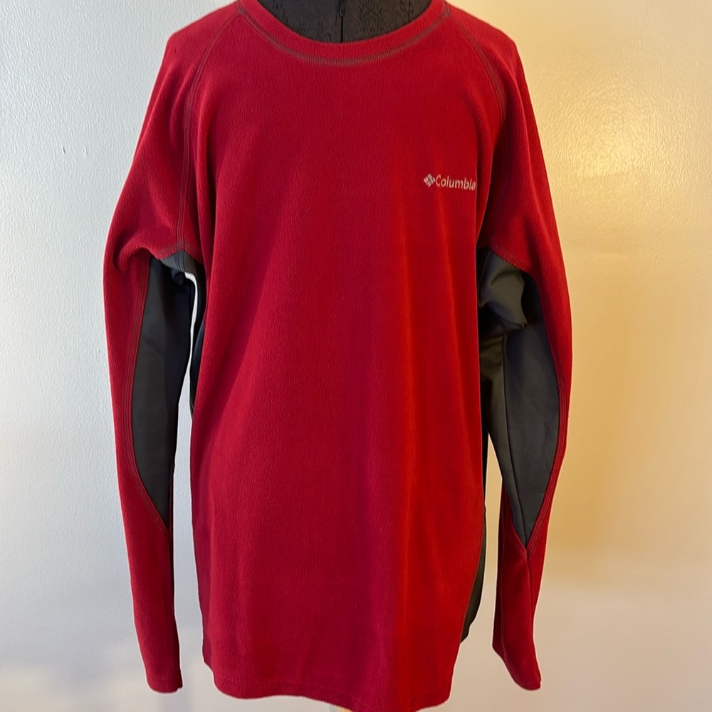 Columbia Fleece Crewneck Long Sleeve Knit Shirt Red Gray Sz XL